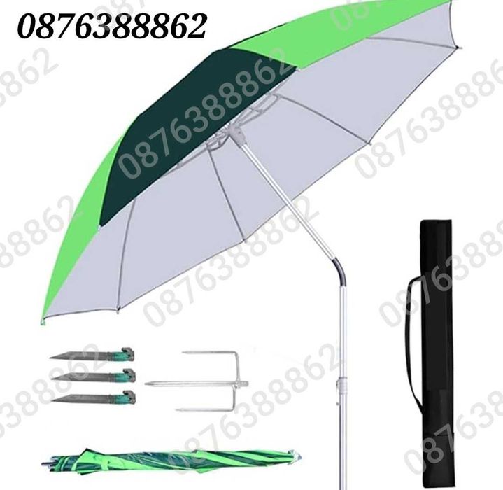 ПРОМО! Плажен чадър с чупещо рамо, УВ защита, калъф, тризъбец 190см.