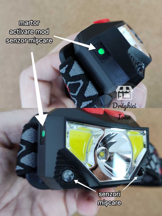 Lanterna PROFESIONALA de cap -senzor miscare si LED XT-E He si led COB