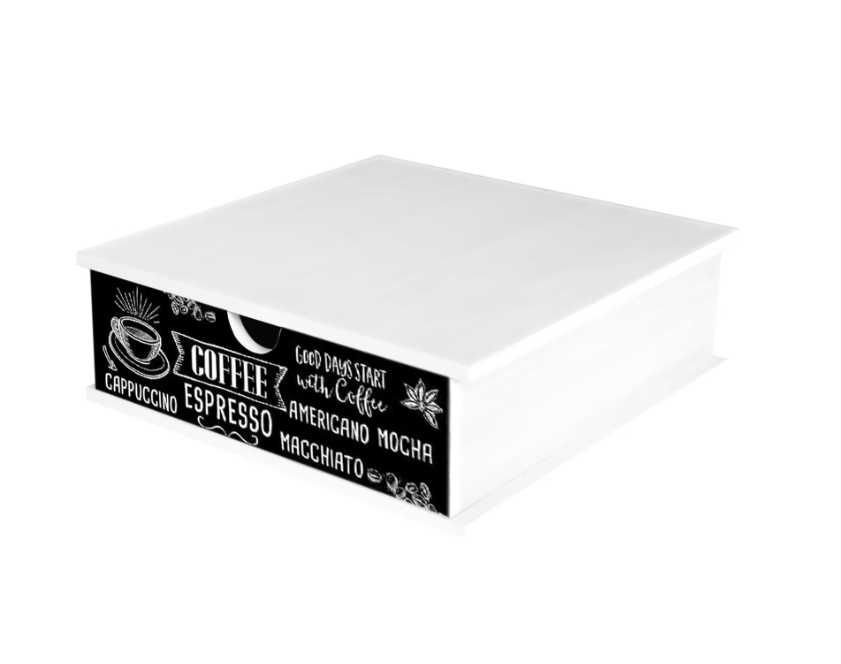 Sertar cafea Blackboard Coffee, lemn, alb cu model, 33x33 cm
