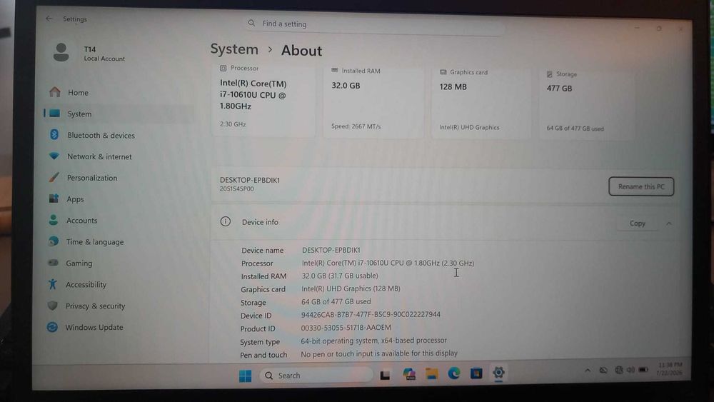 Laptop LENOVO Thinkpad T14 cu i7, 32 GB Ram, 512 SSD