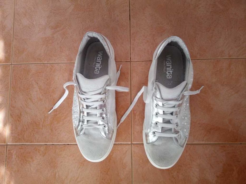 Sneakers piele naturală Wanita(Made in Italy)Detalii perle/arginti, 40