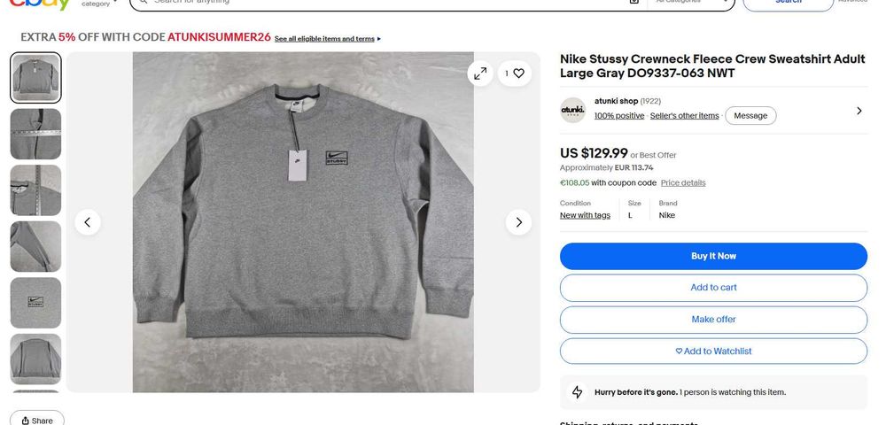 Nike Stussy Sweatshirt Fleece Grey M size