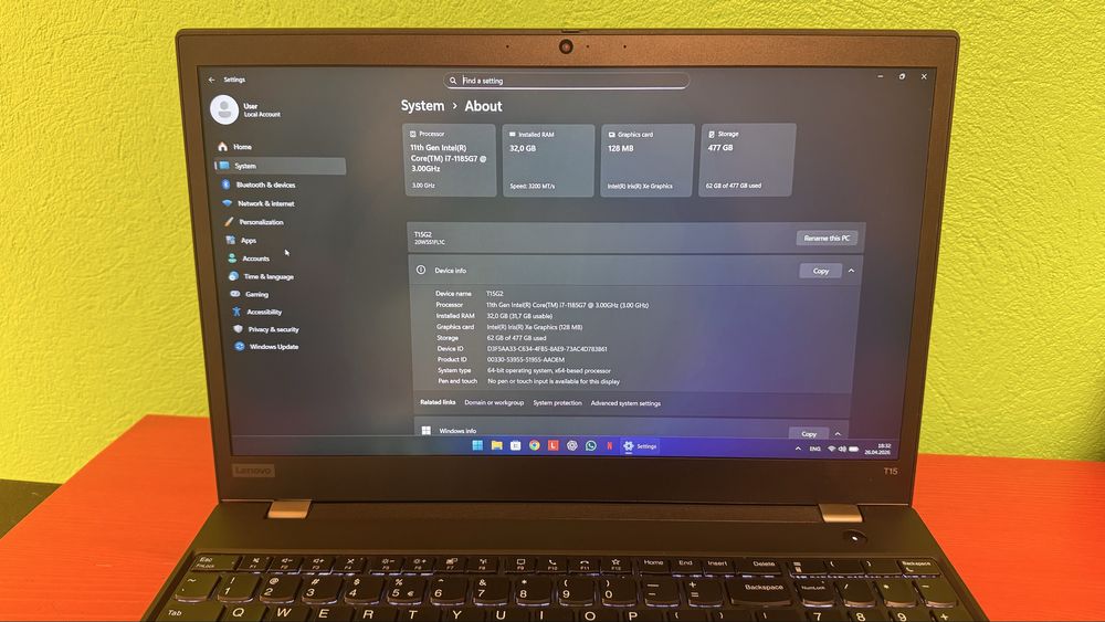 Thinkpad T15 Gen 2, core I7-1185G7, 32 GB RAM, 512 GB SSD NVME