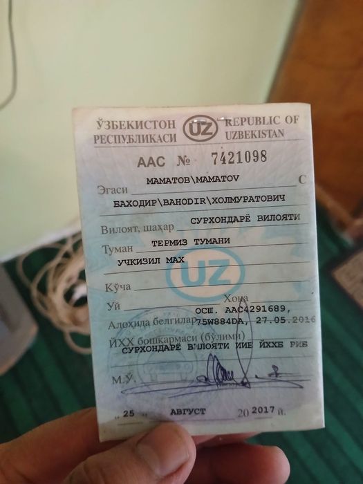 Vaz 21.07.Faqat tex pasporti eski qolgani joyida