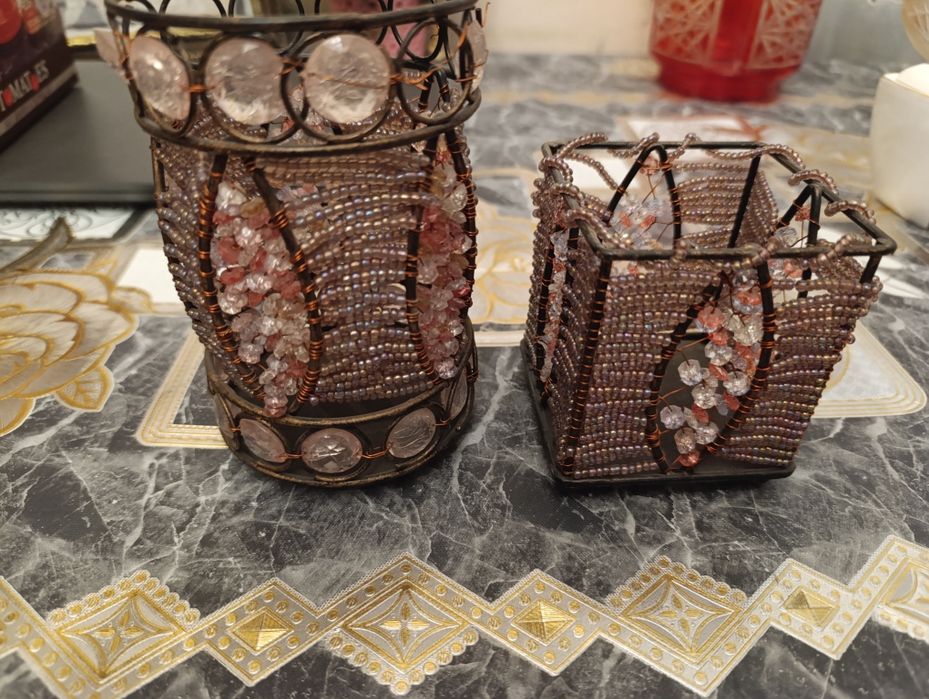 Подставка для свечей,ручная работа из бисера,старинная