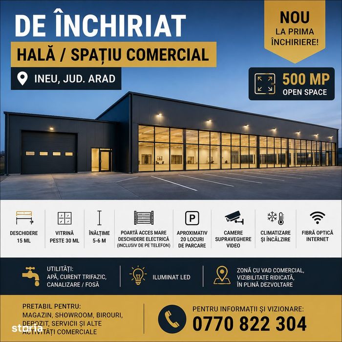 Inchiriez Hala / Spatiu Comercial in INEU, Nou,500mp.Parcare,Vitrina.