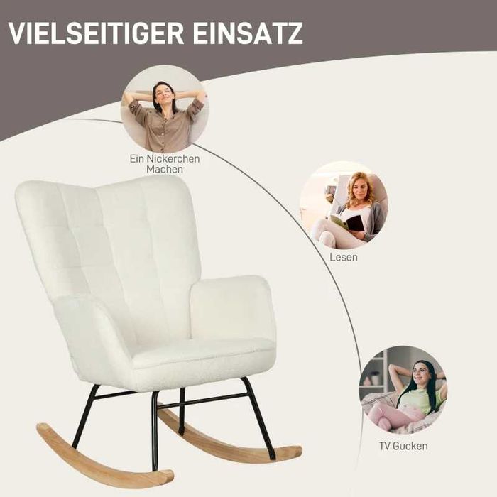Люлеещ се стол HOMCOM с поларена визия и подлакътници, ергономичен фотьойл с дървени пътеки