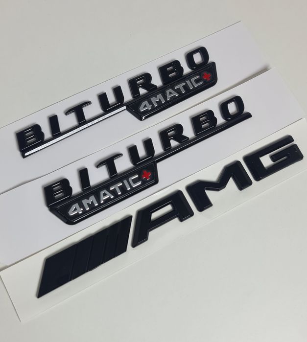 Pachet-Set-Emblema-Neagra-Lucios-Sigla-Logo-Stema-Spate-Aripi-Laterale-Haion-Mercedes-AMG-Turbo-Biturbo-4Matic+