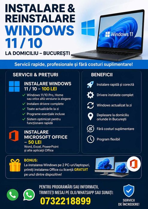 Instalare și reinstalare Windows 11 / Windows 10 si office cu licenta la domiciliu in București