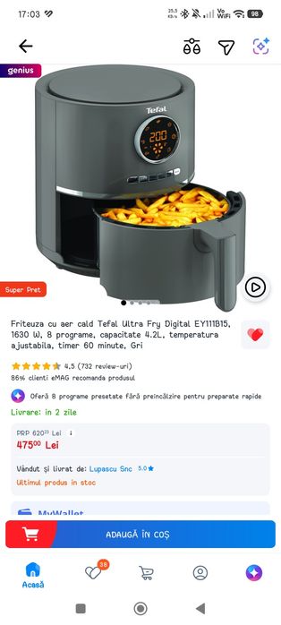 Friteuza cu aer cald Tefal Ultra Fry Digital, capacitate 4.2L