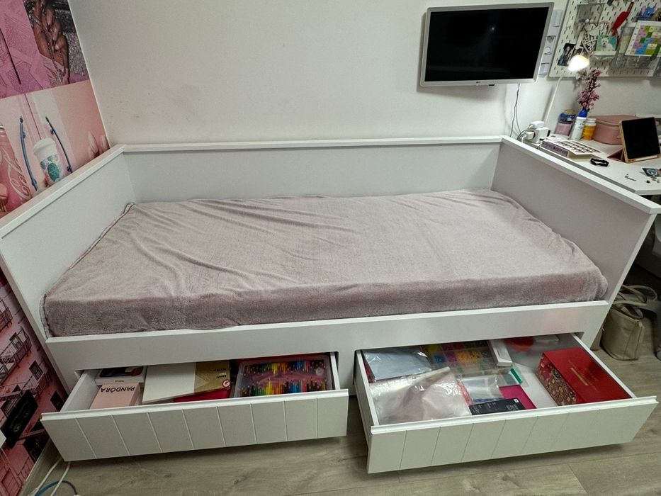 Pat Extensibil CARRYHOME Alb + 2 Saltele + Sertar Dep