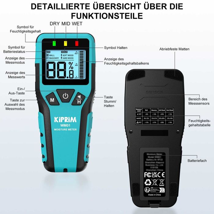 Безконтактен влагомер Kiprim WM01 за дърво и стени