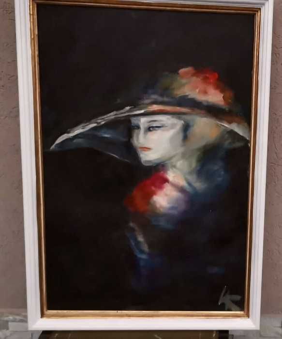 Superba pictura-ulei pe panza-semnata-Doamna cu palarie-Franta