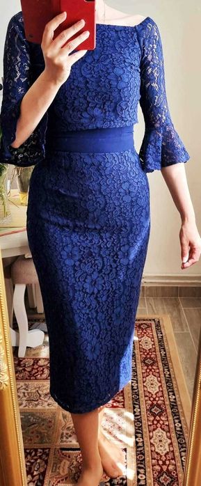 Rochie midi din dantela bleumarin, marimea 36