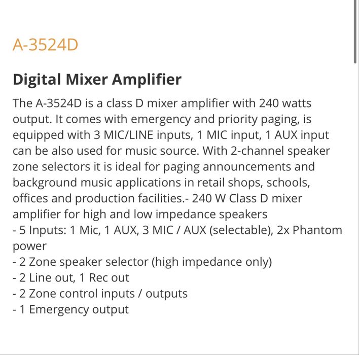 Професионален Усилвател TOA model A-3524D