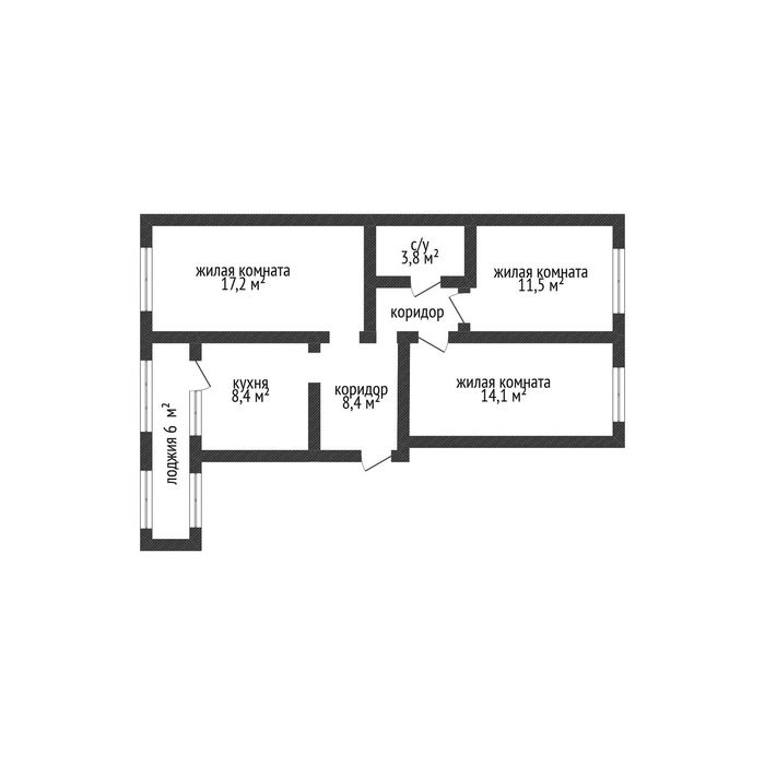 3 комнатная квартира, 68 кв.м.