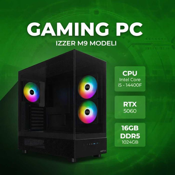 IZZER M9 modeli | i5-14400F | RTX 5060 | 16GB/1024GB| DDR5 | 100% Zo'r