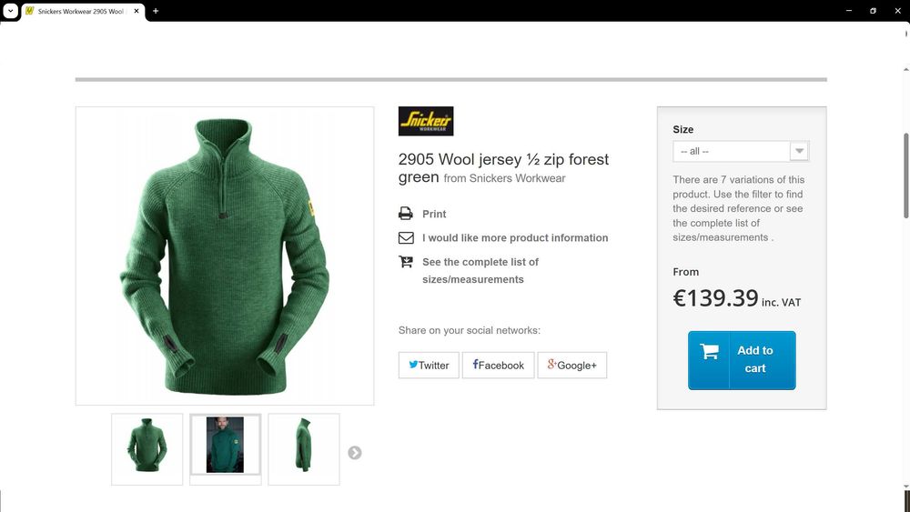 Snickers 2905 1/2 Zip WOOL Sweater размер M пуловер 100% Вълна - 2412