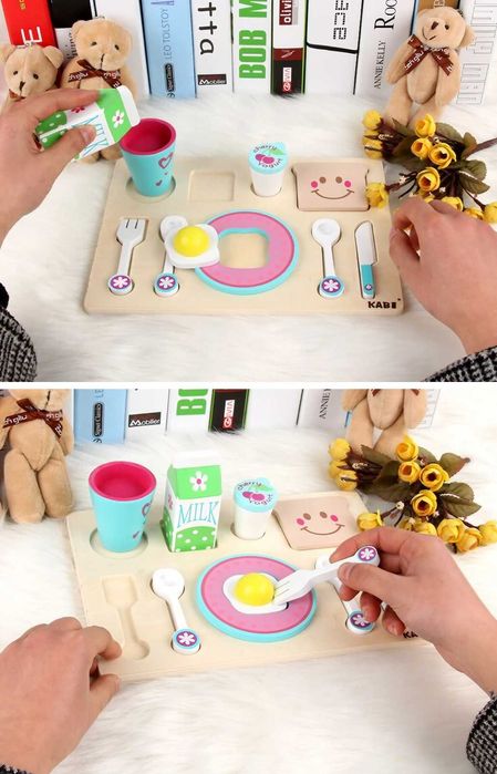 Дървена храна за симулации - детска закуска с мляко, чашка, яйце, хляб