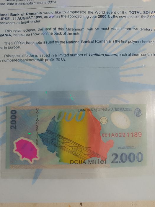 Bancnota 2000 Eclipsa 1999, ediție limitată, seria 1A, nouă fără a fi pusă în circulație