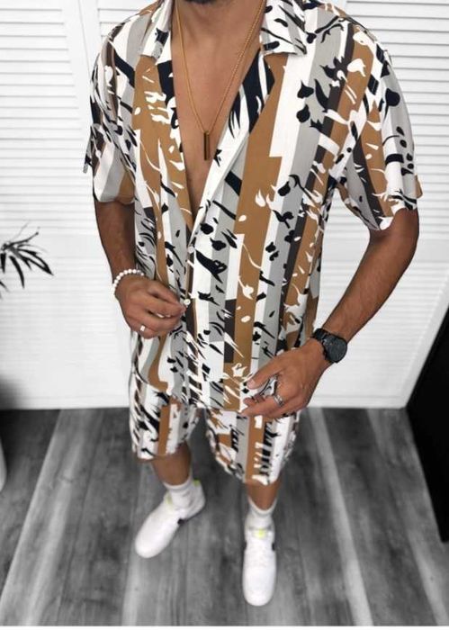 Compleu de vara pentru barbati, Camasa cu pantaloni scurti 13275, maro