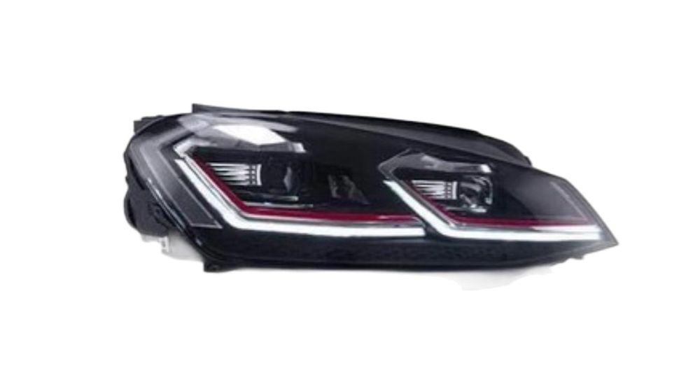Set faruri VW Golf 7 (5k), 10.2012-2016, montare fata, stanga+dreapta, indicator dinamic; D2H+LED/H7+LED; manual; rama rosie; fara becuri; Tuning; halogen