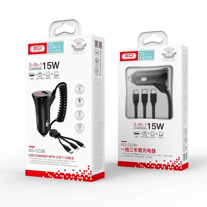 Зарядно устройство за кола XO car charger, 3в1, 15W, 1.2m, XO-CC36