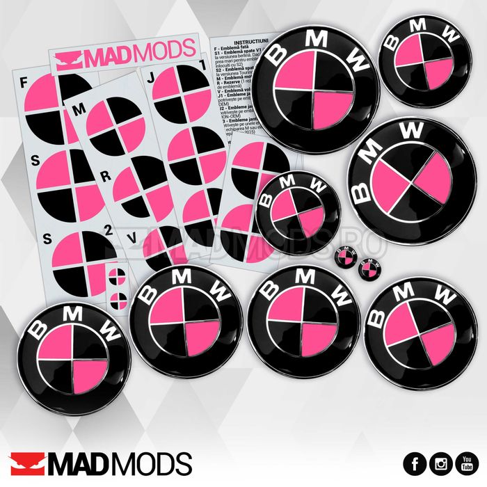 Set Stickere Embleme Negru cu Roz BMW Seria 1 2 3 4 5 6 7 8 X i M