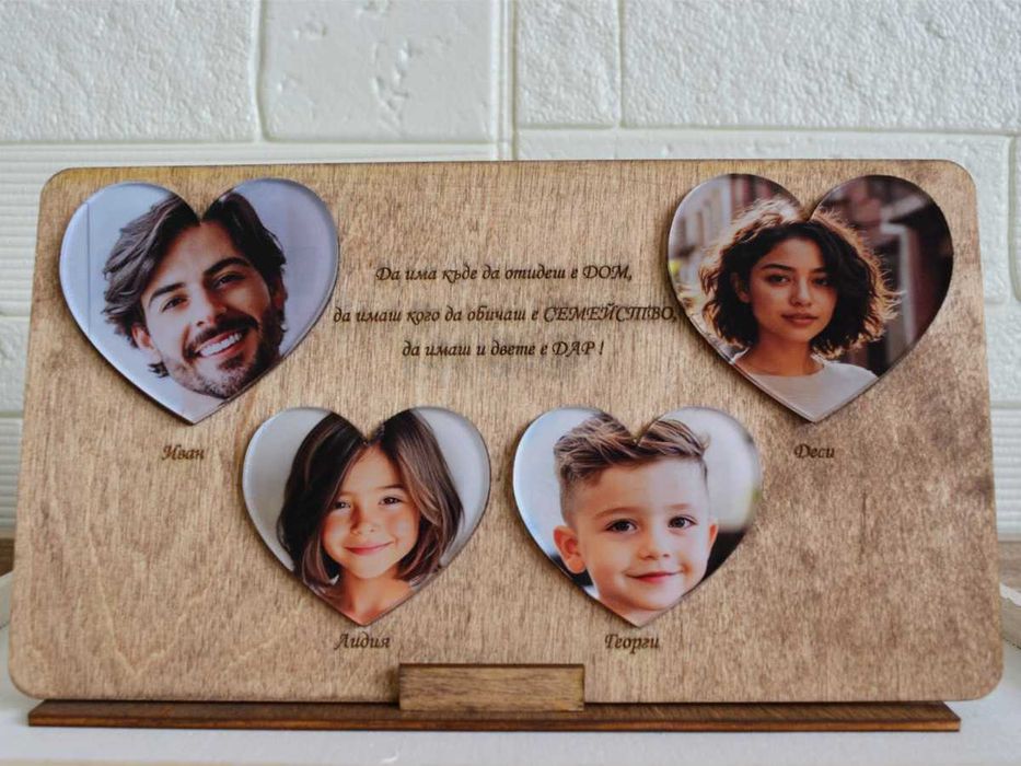 Дървен дисплей с до четири Ваши снимки и гравирано послание