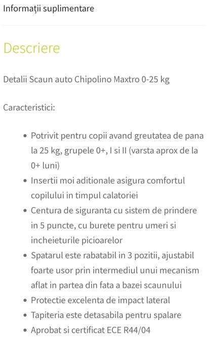 Vând scaun auto, Chipolino, cu poziție de somn