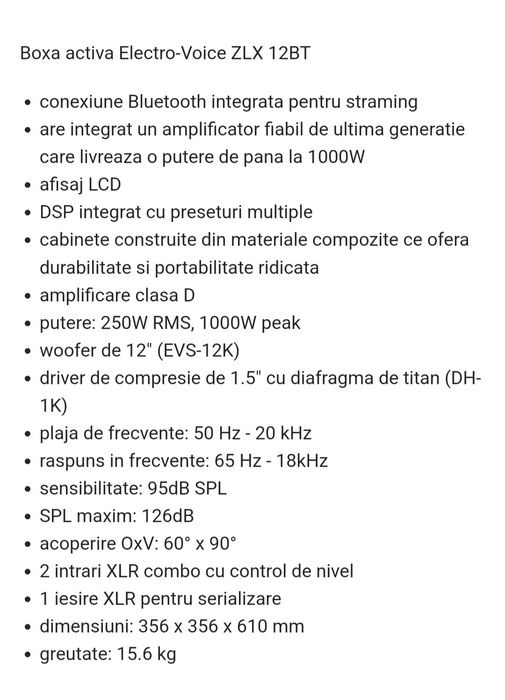 Boxe Active Electro voice Zlx 12p/Bași Activi  "15"/Mixer Proel
