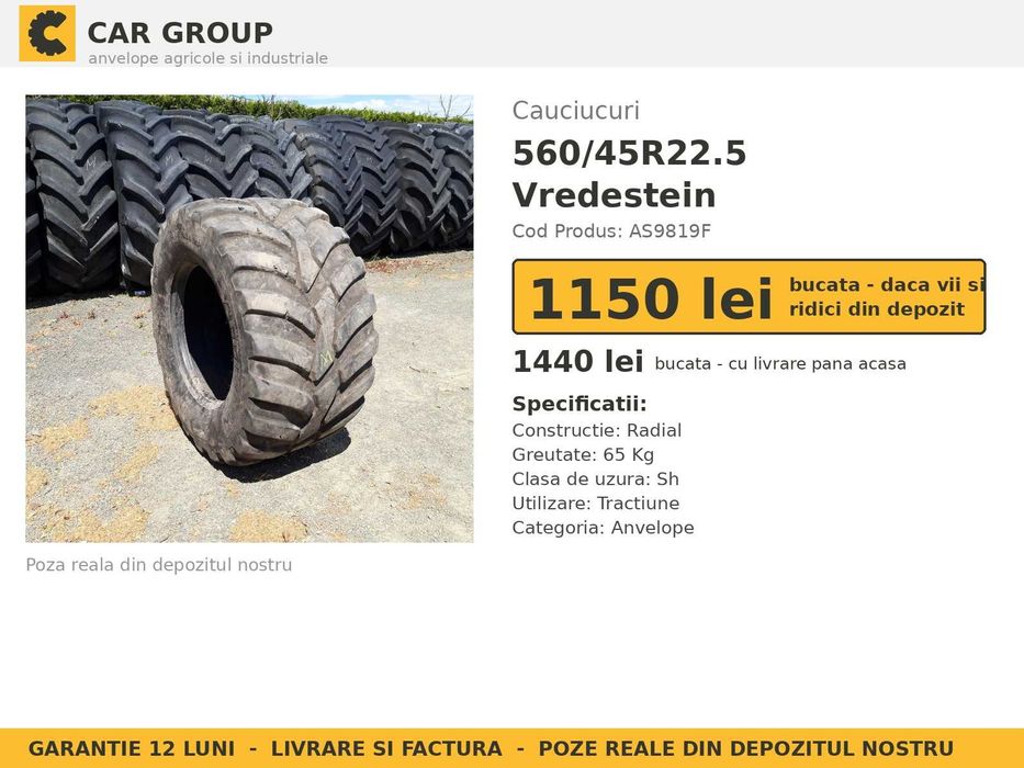 Cauciucuri Anvelope 560/45R22.5 560/45 R22.5 560/45-22.5 560 45 22.5 56045225 Vredestein Remorca Implement Flotatie SH Second Hand REDUCERE Oferta