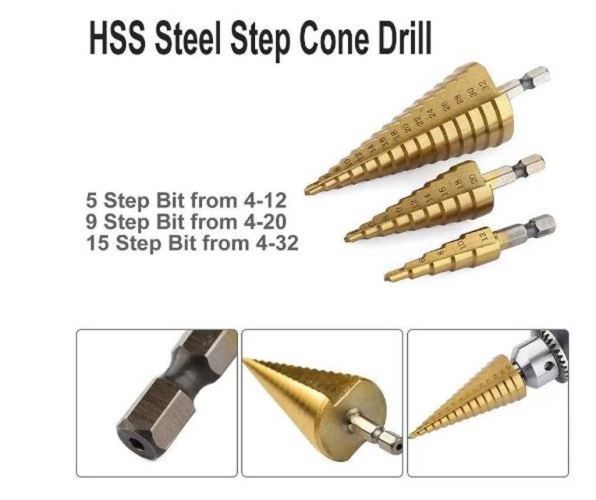 Комплект от стоманени стъпкови свредла, три броя