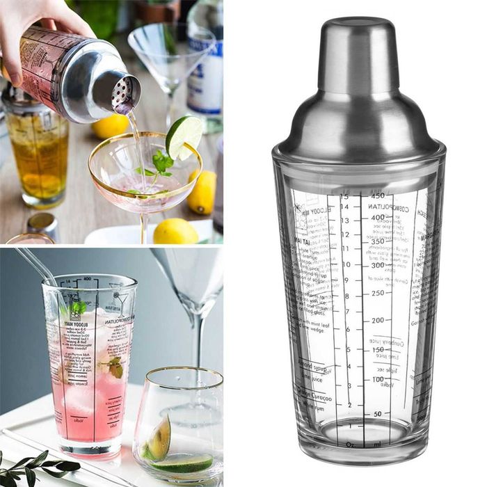 Cocktail Shaker din sticla 450ml cu capac din inox si retete imprimate