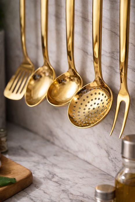 Set ustensile bucatarie inox auriu 6 piese, set ustensile gatit, inox alimentar, design elegant