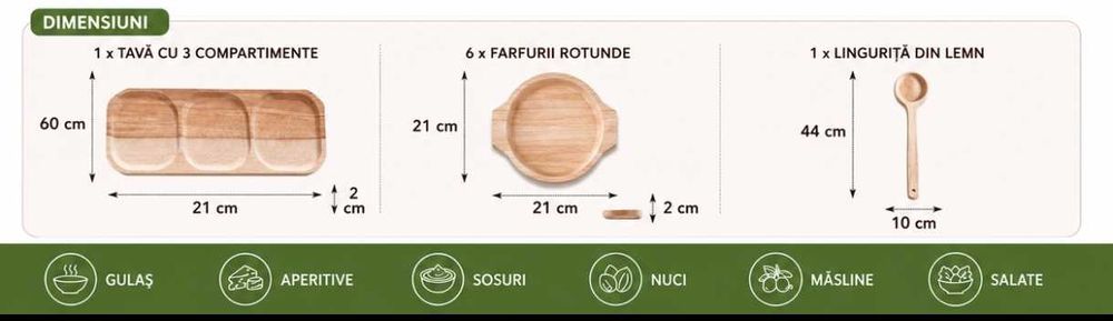 Set forma rotunda din lemn pentru servire – 8 piese cu lingura pentru gulas, , Artker,