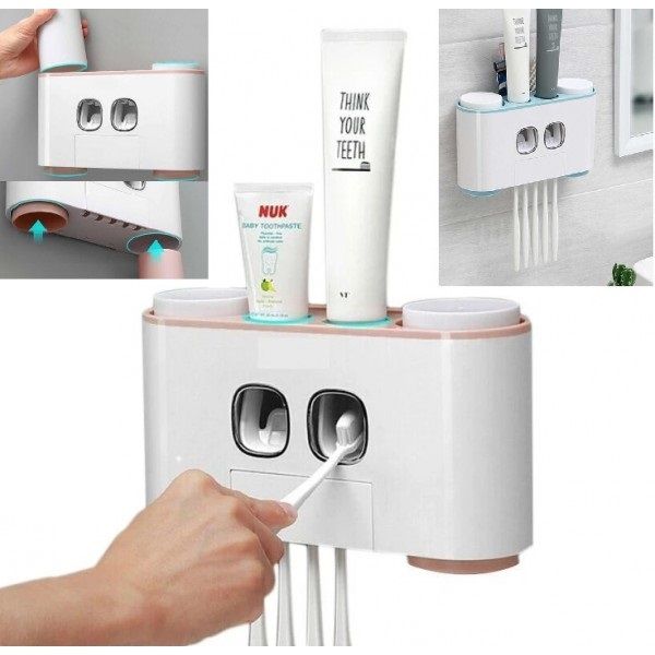Органайзер за баня с диспенсър за паста, поставка за четки и 3 чашки