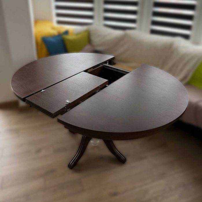 Разтегателна кръгла кухненска маса (MDF и масив), 6/8 души