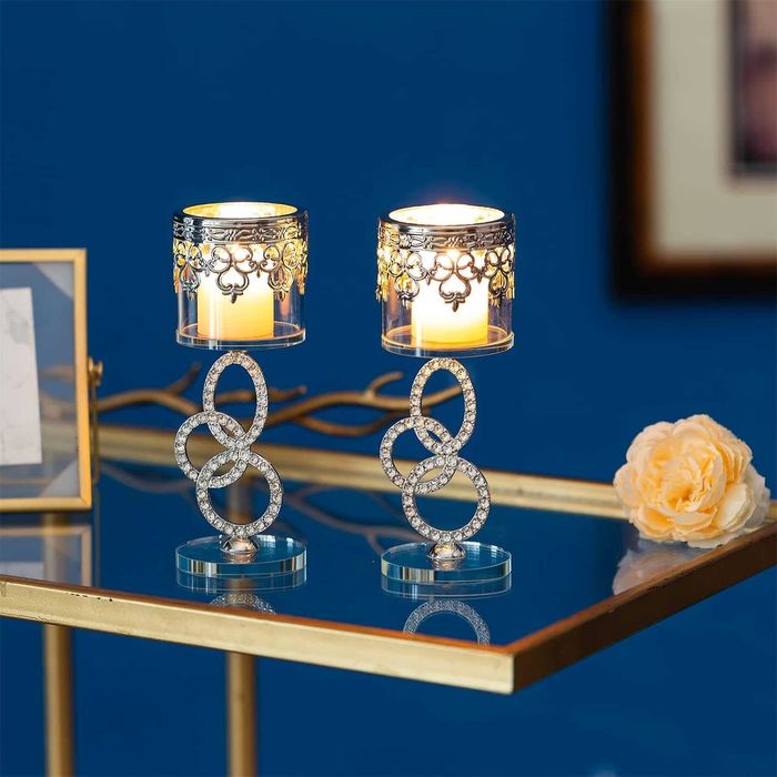 Свещник Sziqiqi, пакет от 2 сребърни поставки за чаени свещички, стъкл