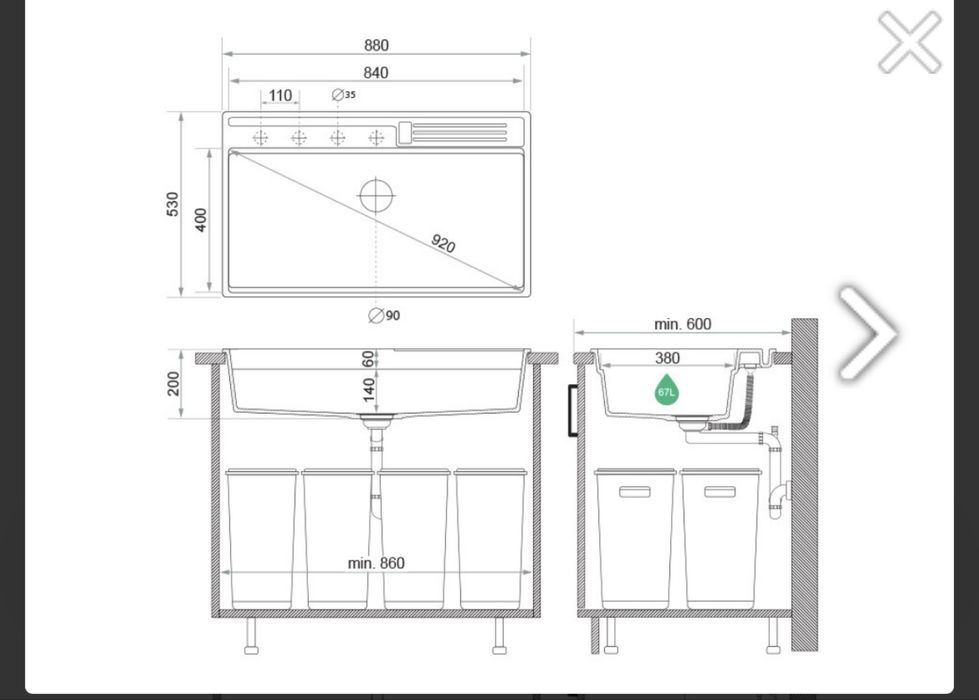 Chiuveta de bucatarie din granit cu o cuva fara scurgator si spațiu de depozitare pentru placa de bucatarie si accesorii Oslo 90 Pocket Multilevel