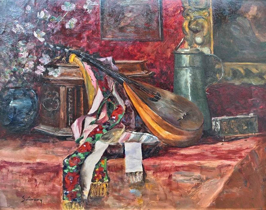 Pictura veche - natura statica cu cobza - semnat Satmary