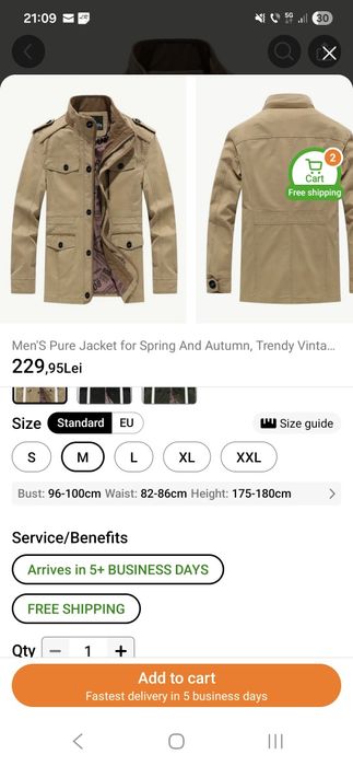 Geaca de bumbac kaki, cu epoleti, masura M, nepurtata.