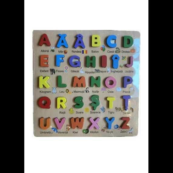 Puzzle din lemn 30 piese cu alfabetul si simboluri, 30X30X0.5 CM