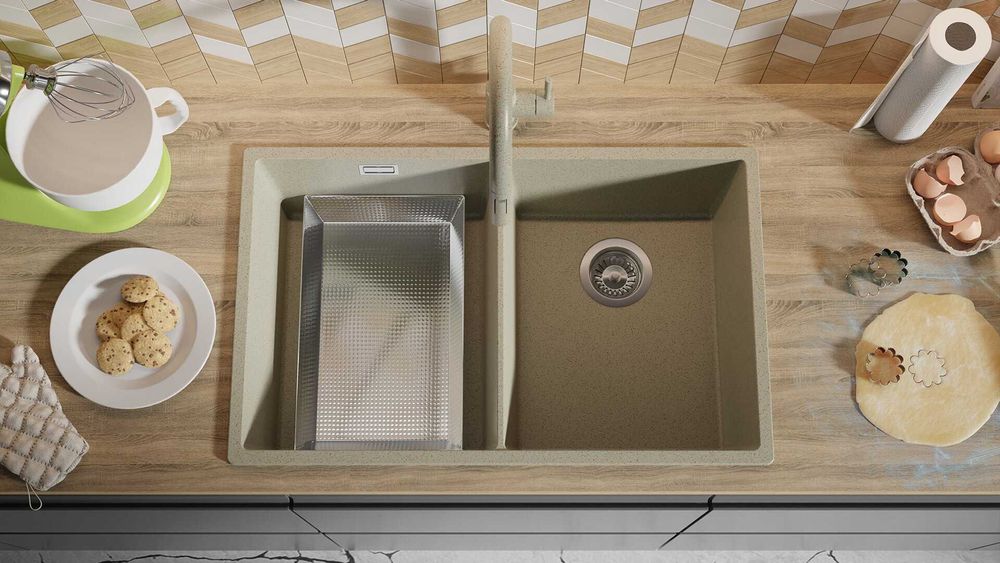 Беж гранитна мивка с две корита за вгражда Лондон 80 Twin 760 x 470 мм