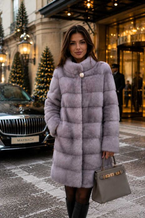 Haină de Nurcă , Vizon , Blană de Lux , Culoare Gri , Mărime L–XL Saga Mink