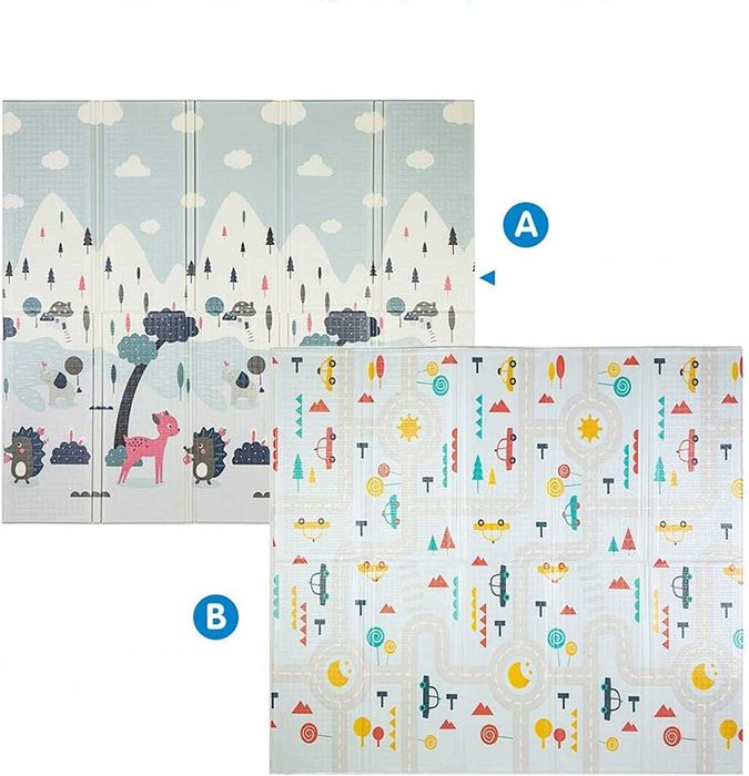 Двулицев детски килим за игра и пълзене, 200х180см, Сгъваем