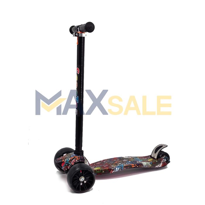 Детска триколка тротинетка черно / многоцветно с 3 светещи колела