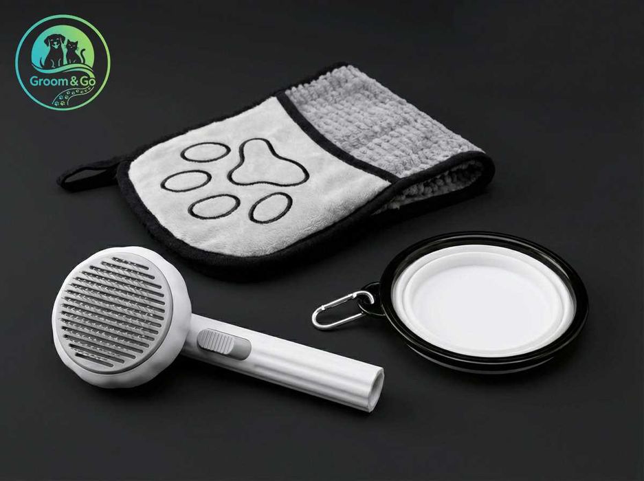 Комплект 3в1 за куче и коте: Четка, микрофибърна кърпа и сгъваема купа