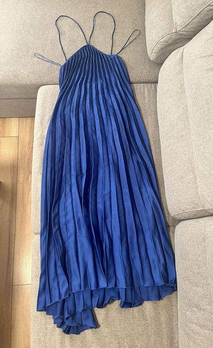 Нови дълга рокля с пайети и гол гръб, плисирана синя рокля Mango