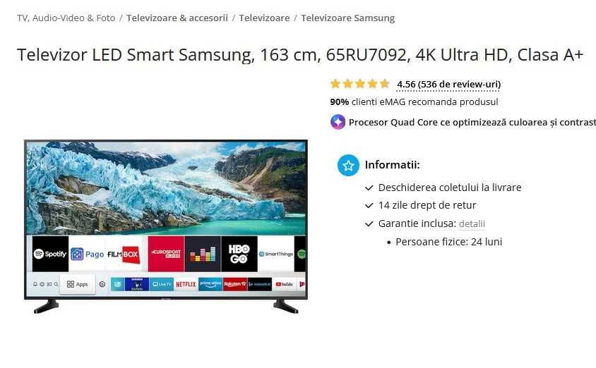Televizor LED Smart Samsung HDR10+ 4k UHD 163 cm, 65", model 65RU7092 Clasa A+, fara probleme
